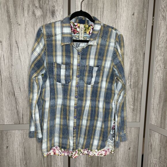 Aratta Silent Journey Shirt Large Button Up Plaid Floral Bohemian - Picture 2 of 10